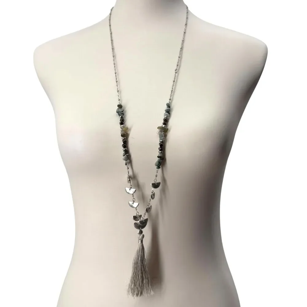 J. Jill Tassel Necklace Beaded Stone Silver Tone Faceted Charm Boho Long 36” NWT - Picture 7 of 9